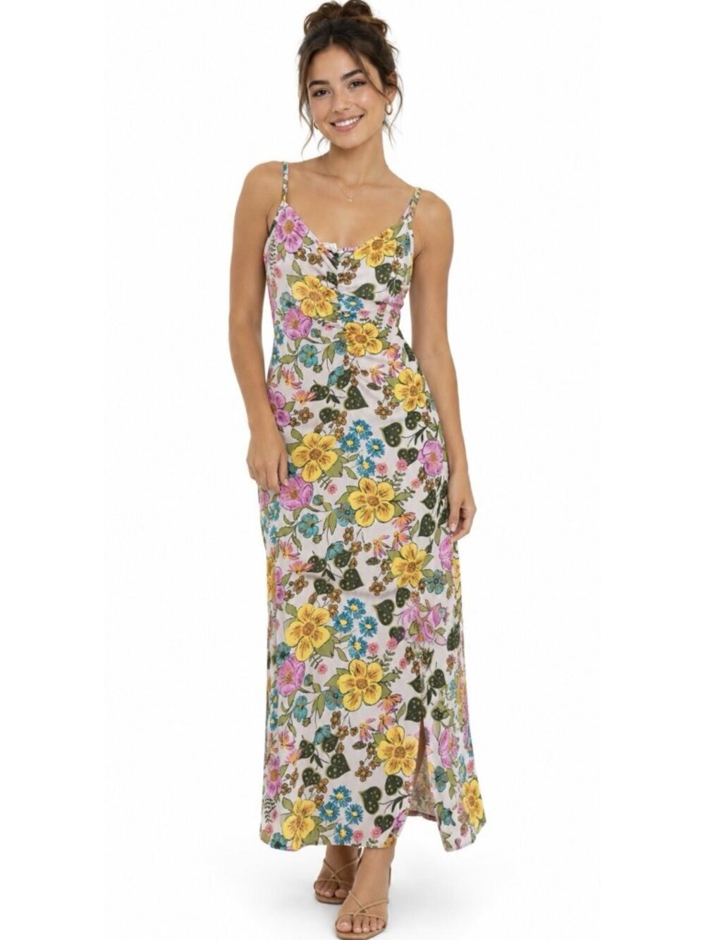Vtg Floral Slip Dress XS Y2K Retro 70s Inspired Boho Festival Midi Hippie Garden